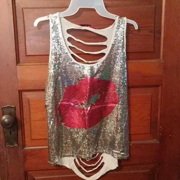 Body Central Silver Sequin Tank Ripped out Back - Picture 1 of 3
